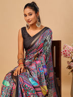 Elegant Black Floral & Paisley Digital Printed Tussar Silk Saree with Tassels Pallu