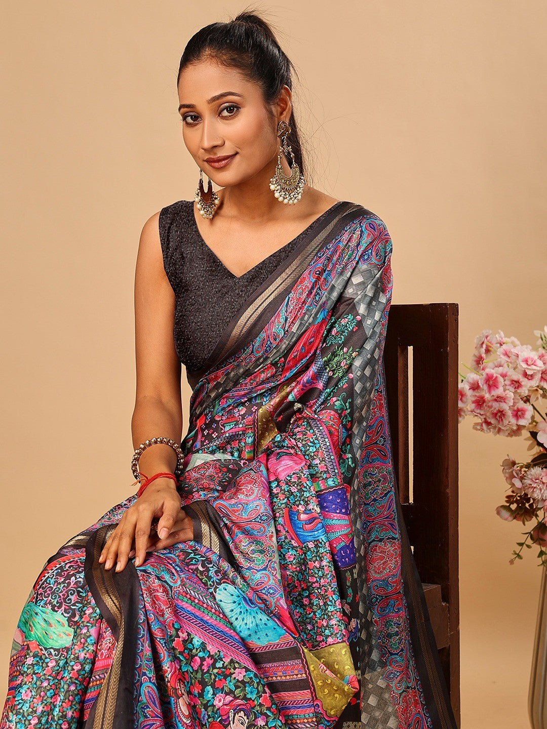 Elegant Black Floral & Paisley Digital Printed Tussar Silk Saree with Tassels Pallu