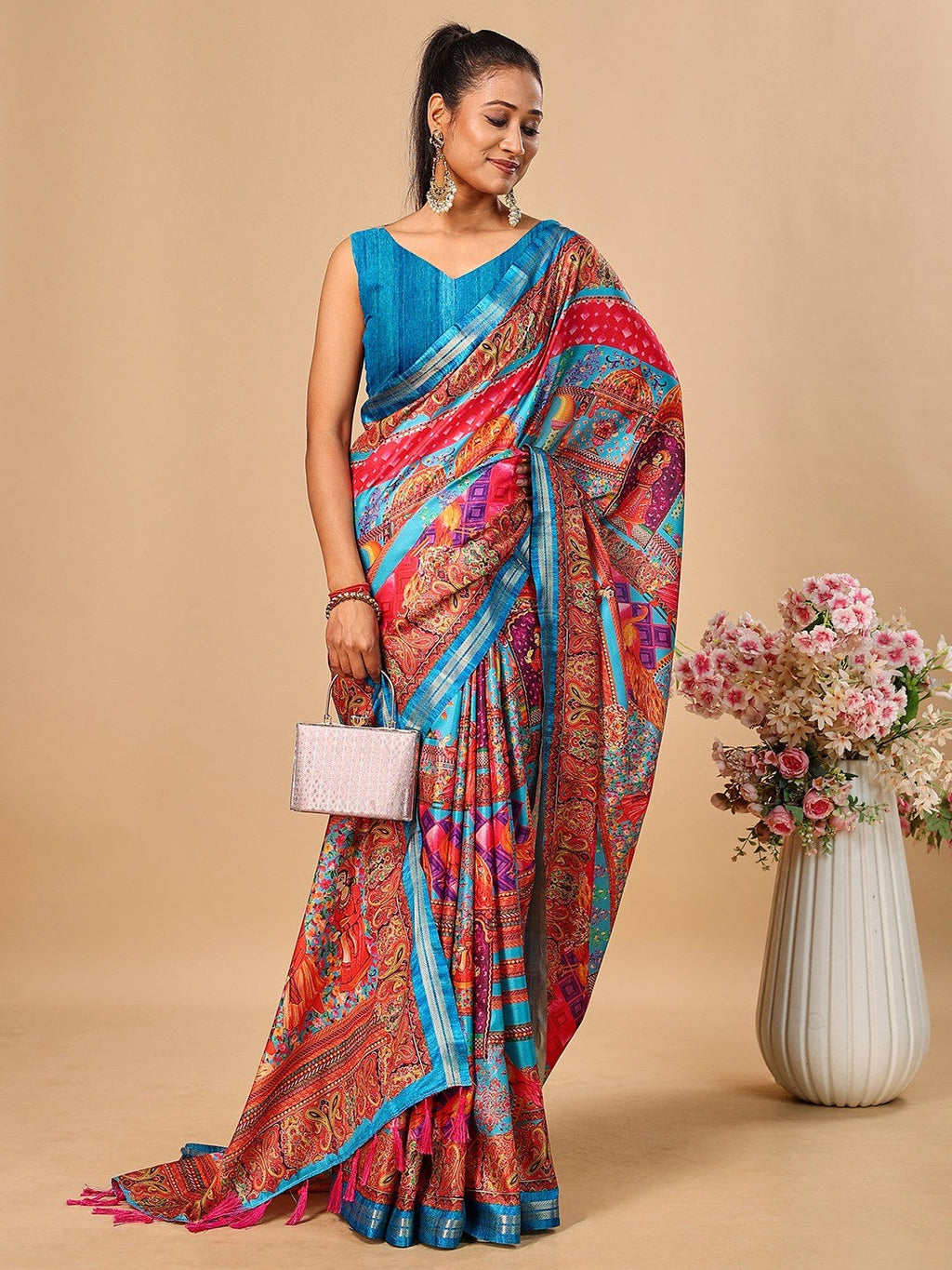 Elegant Blue Floral & Paisley Digital Printed Tussar Silk Saree with Tassels Pallu
