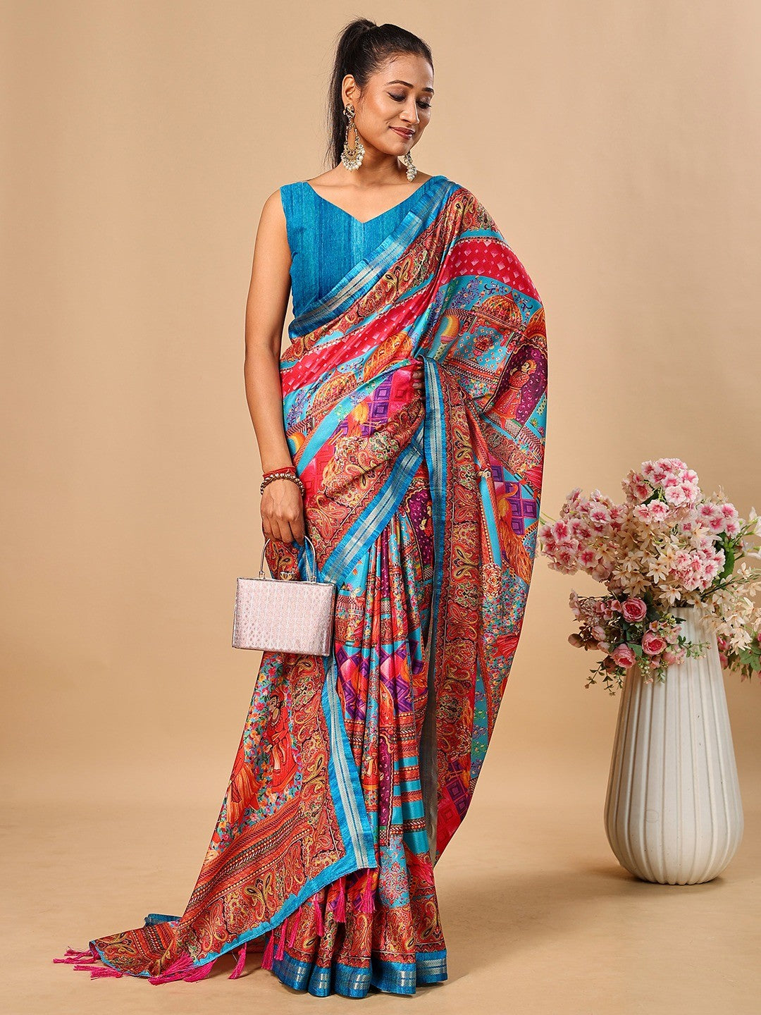 Elegant Blue Floral & Paisley Digital Printed Tussar Silk Saree with Tassels Pallu