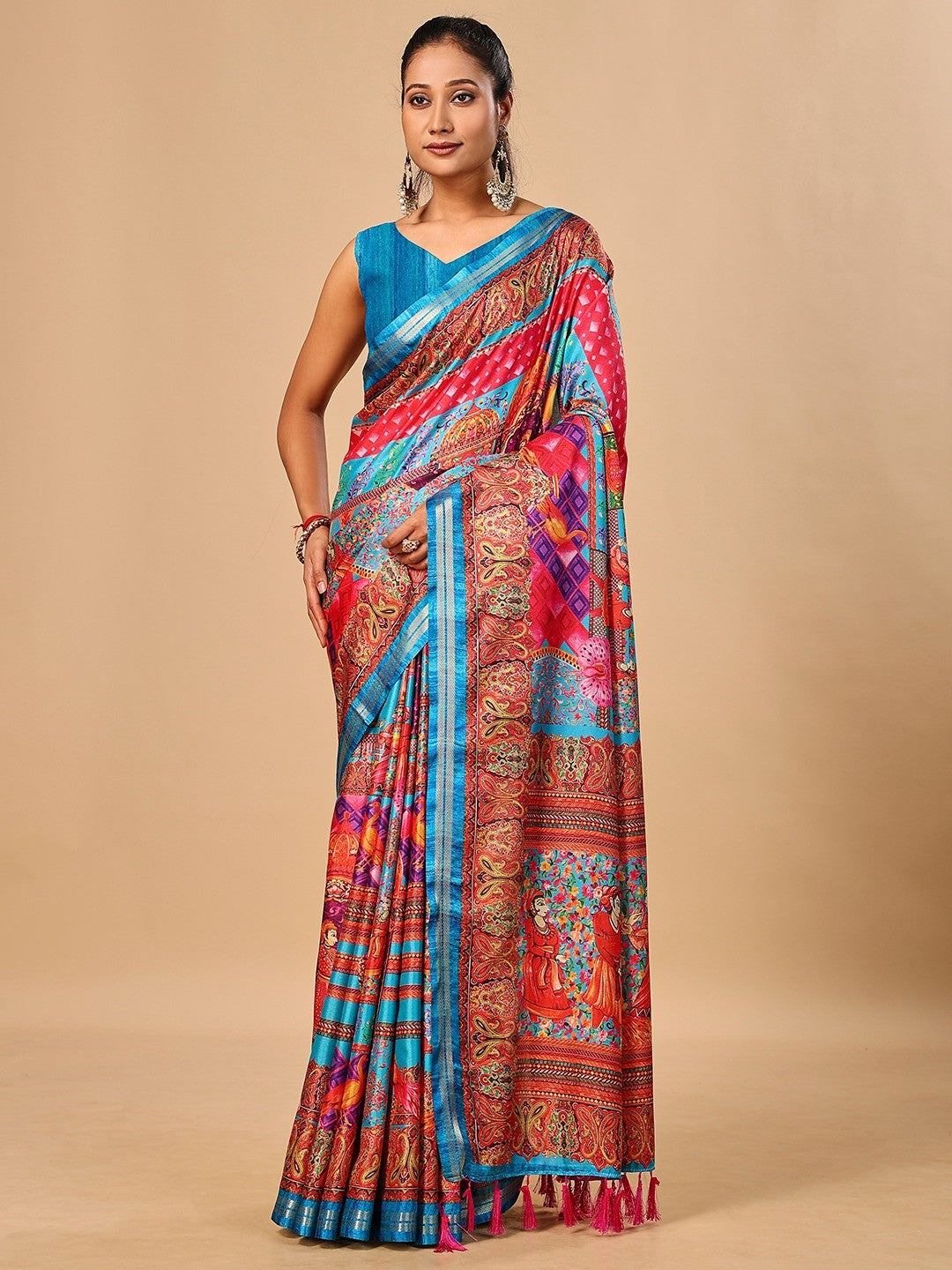 Elegant Blue Floral & Paisley Digital Printed Tussar Silk Saree with Tassels Pallu