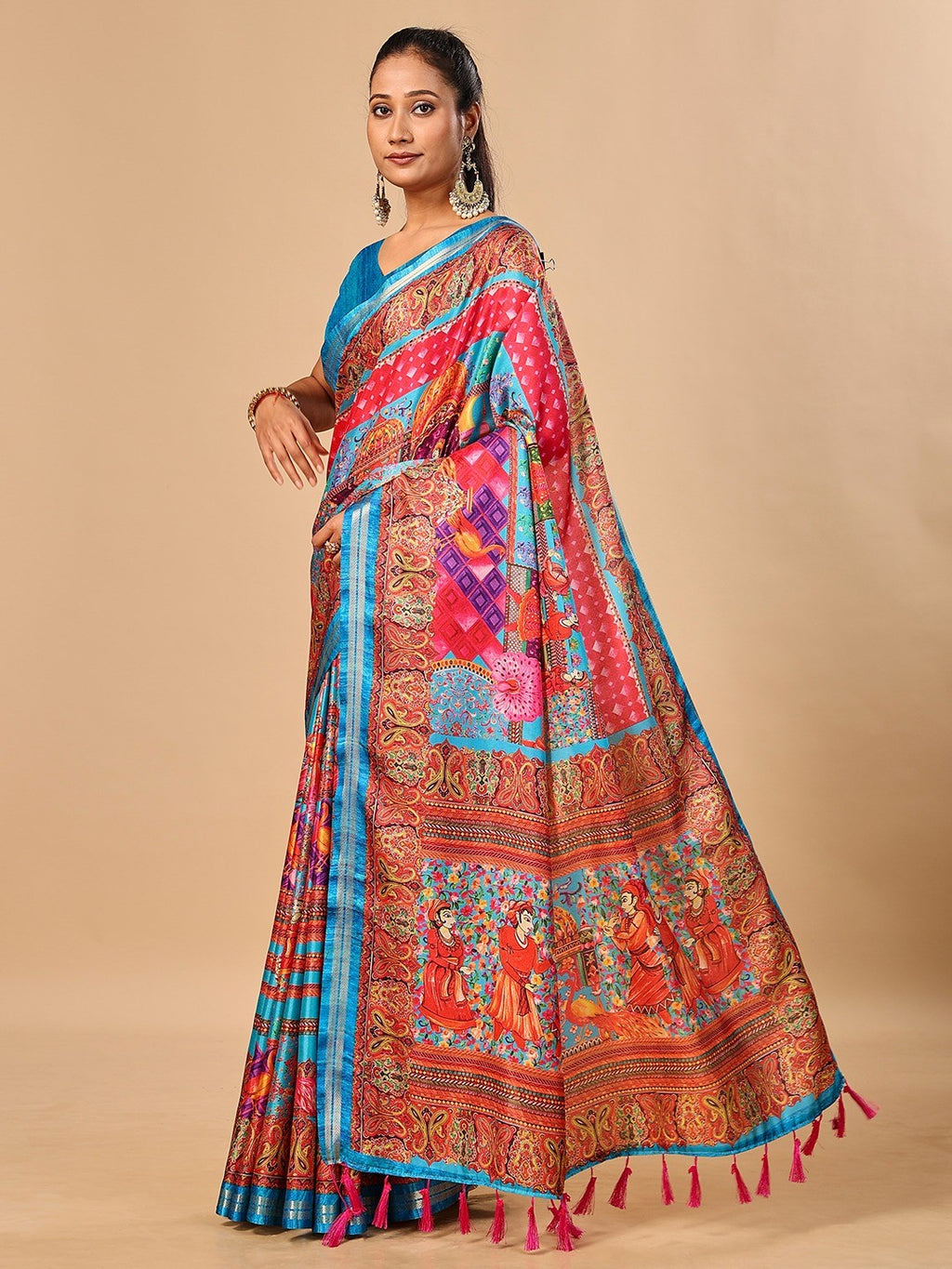 Elegant Blue Floral & Paisley Digital Printed Tussar Silk Saree with Tassels Pallu