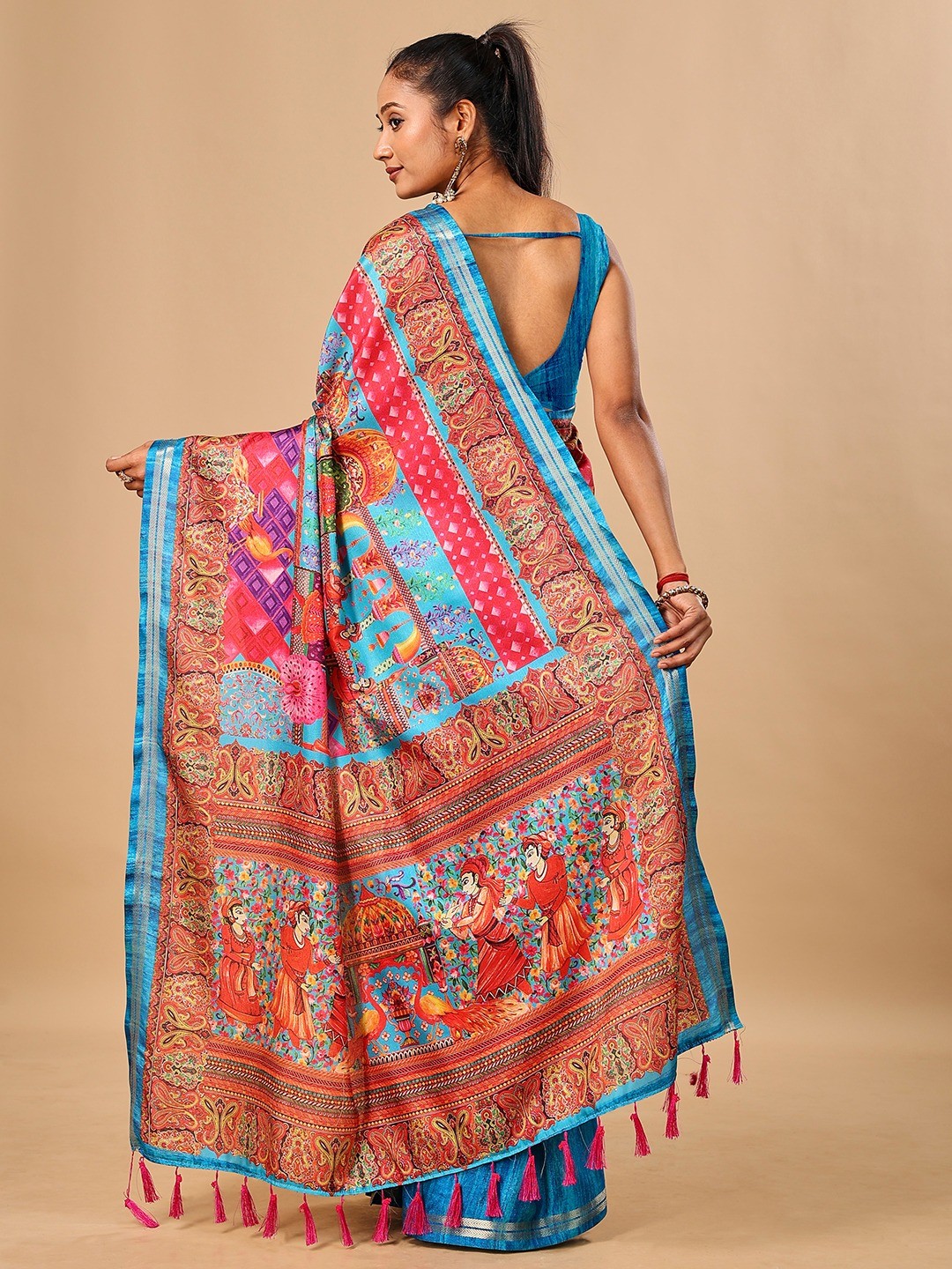 Elegant Blue Floral & Paisley Digital Printed Tussar Silk Saree with Tassels Pallu