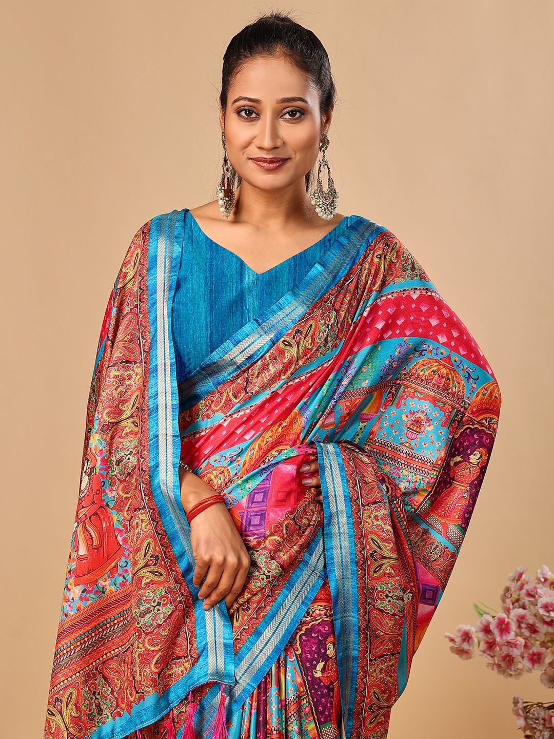 Elegant Blue Floral & Paisley Digital Printed Tussar Silk Saree with Tassels Pallu
