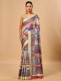Elegant Cream Floral & Paisley Digital Printed Tussar Silk Saree with Tassels Pallu