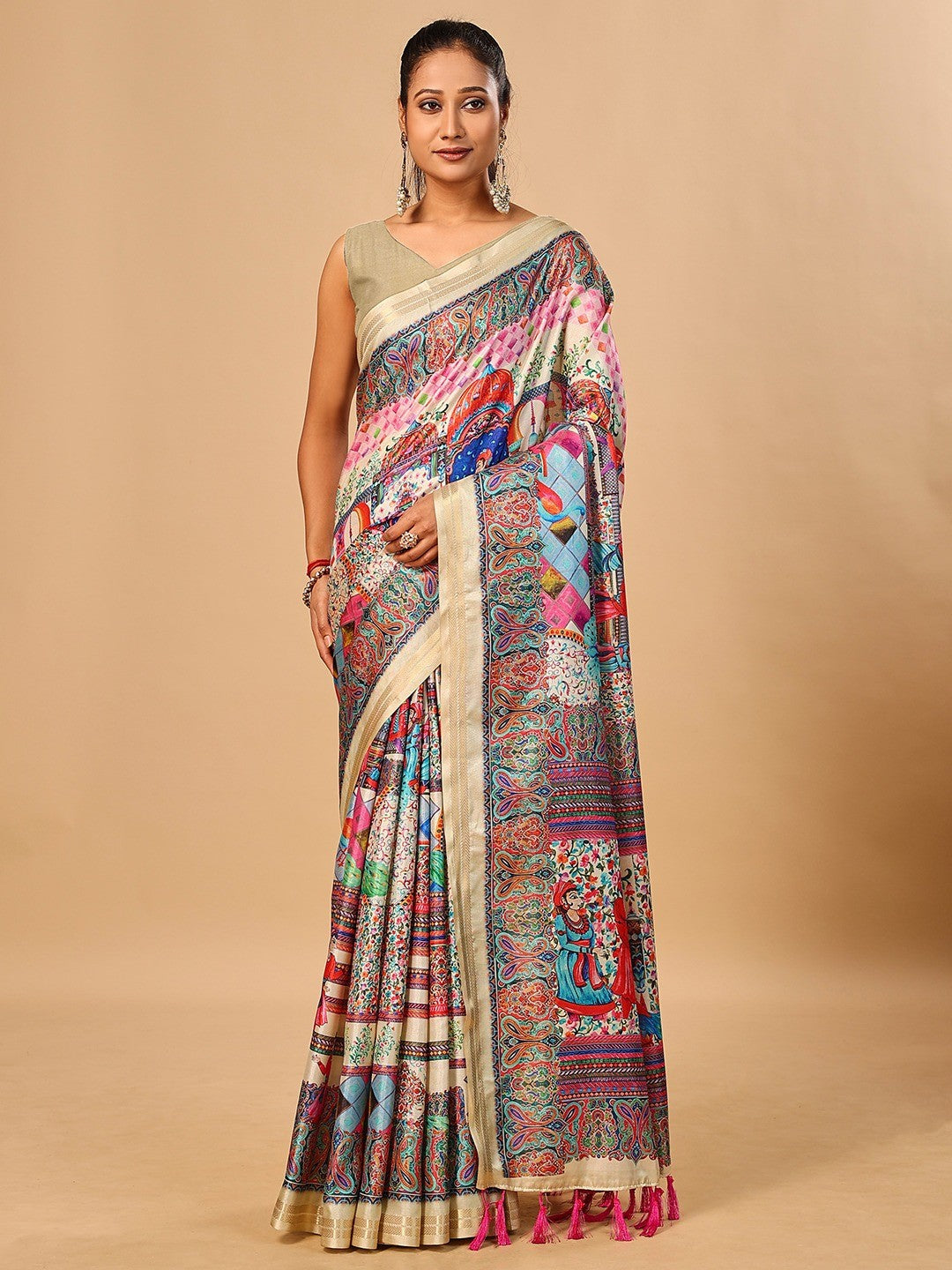 Elegant Cream Floral & Paisley Digital Printed Tussar Silk Saree with Tassels Pallu