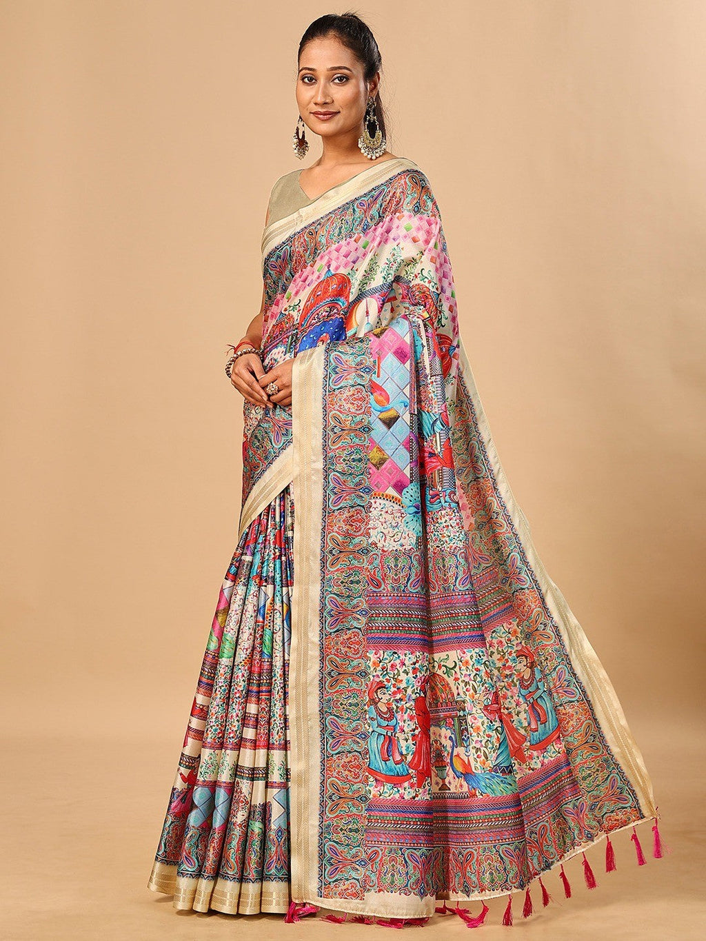 Elegant Cream Floral & Paisley Digital Printed Tussar Silk Saree with Tassels Pallu