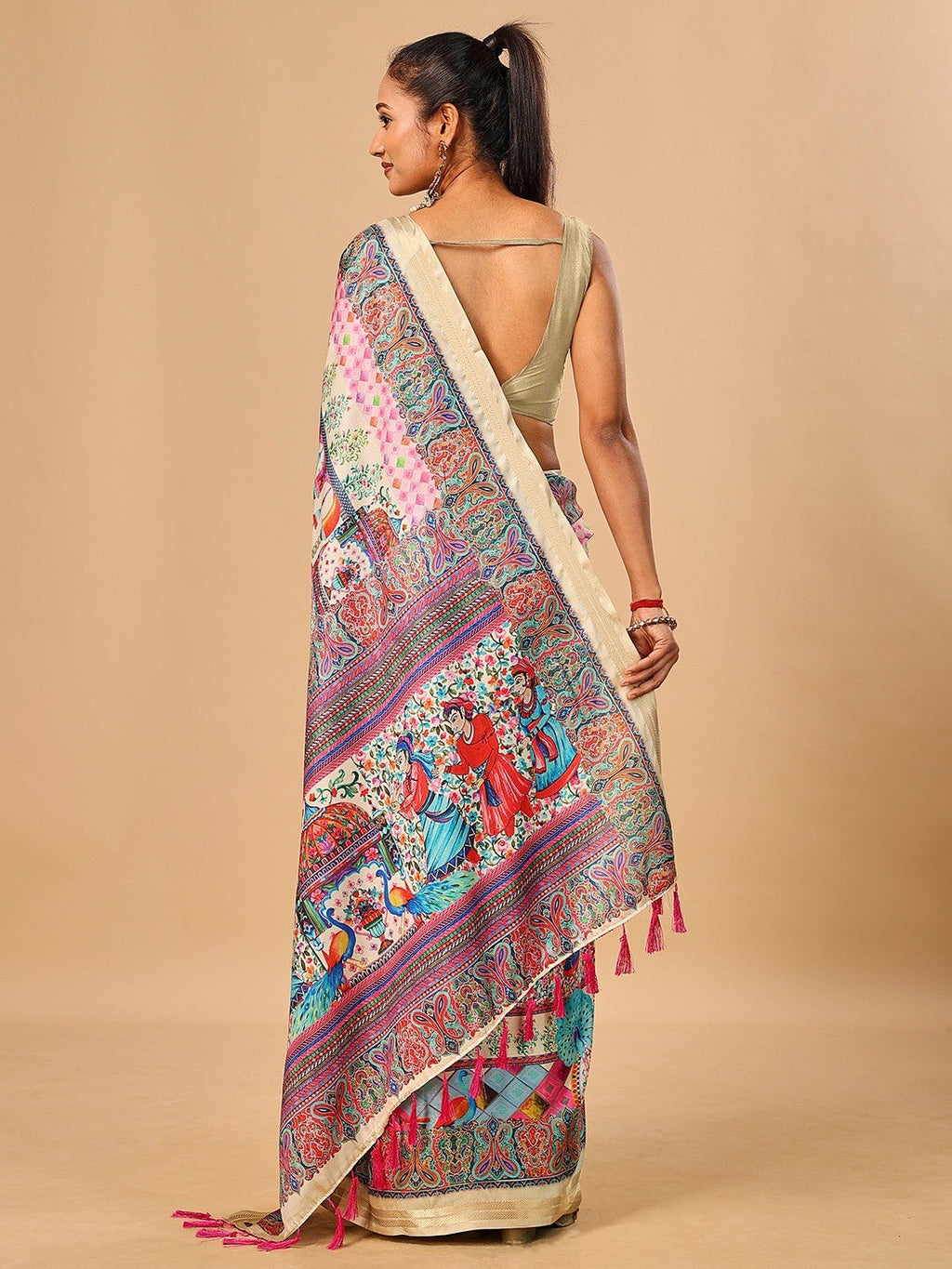Elegant Cream Floral & Paisley Digital Printed Tussar Silk Saree with Tassels Pallu