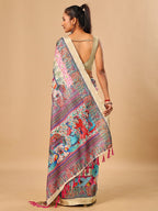 Elegant Cream Floral & Paisley Digital Printed Tussar Silk Saree with Tassels Pallu
