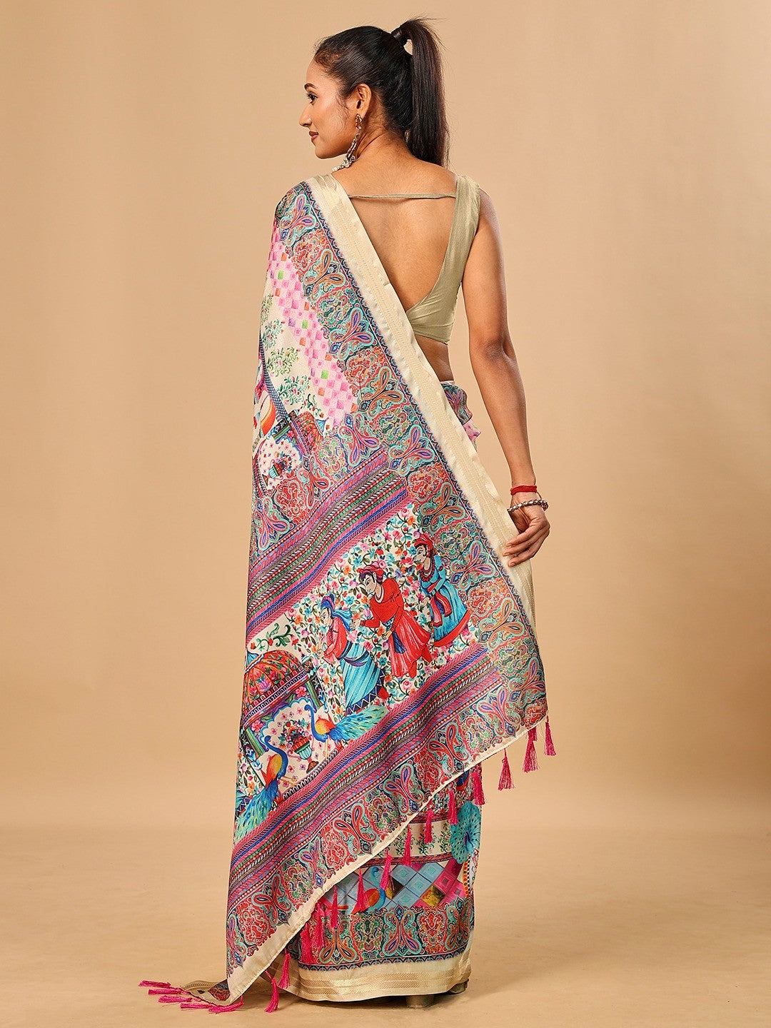 Elegant Cream Floral & Paisley Digital Printed Tussar Silk Saree with Tassels Pallu