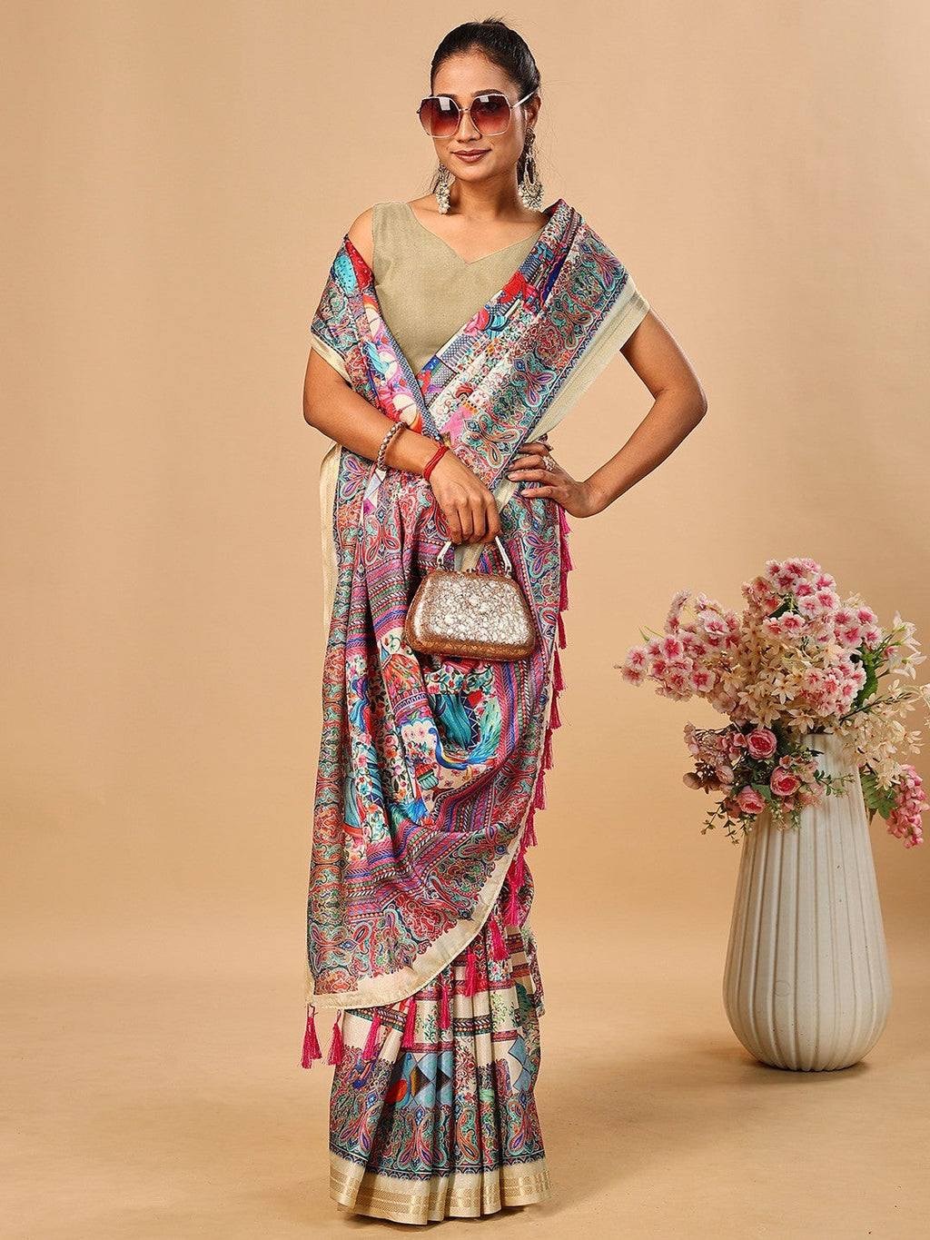 Elegant Cream Floral & Paisley Digital Printed Tussar Silk Saree with Tassels Pallu
