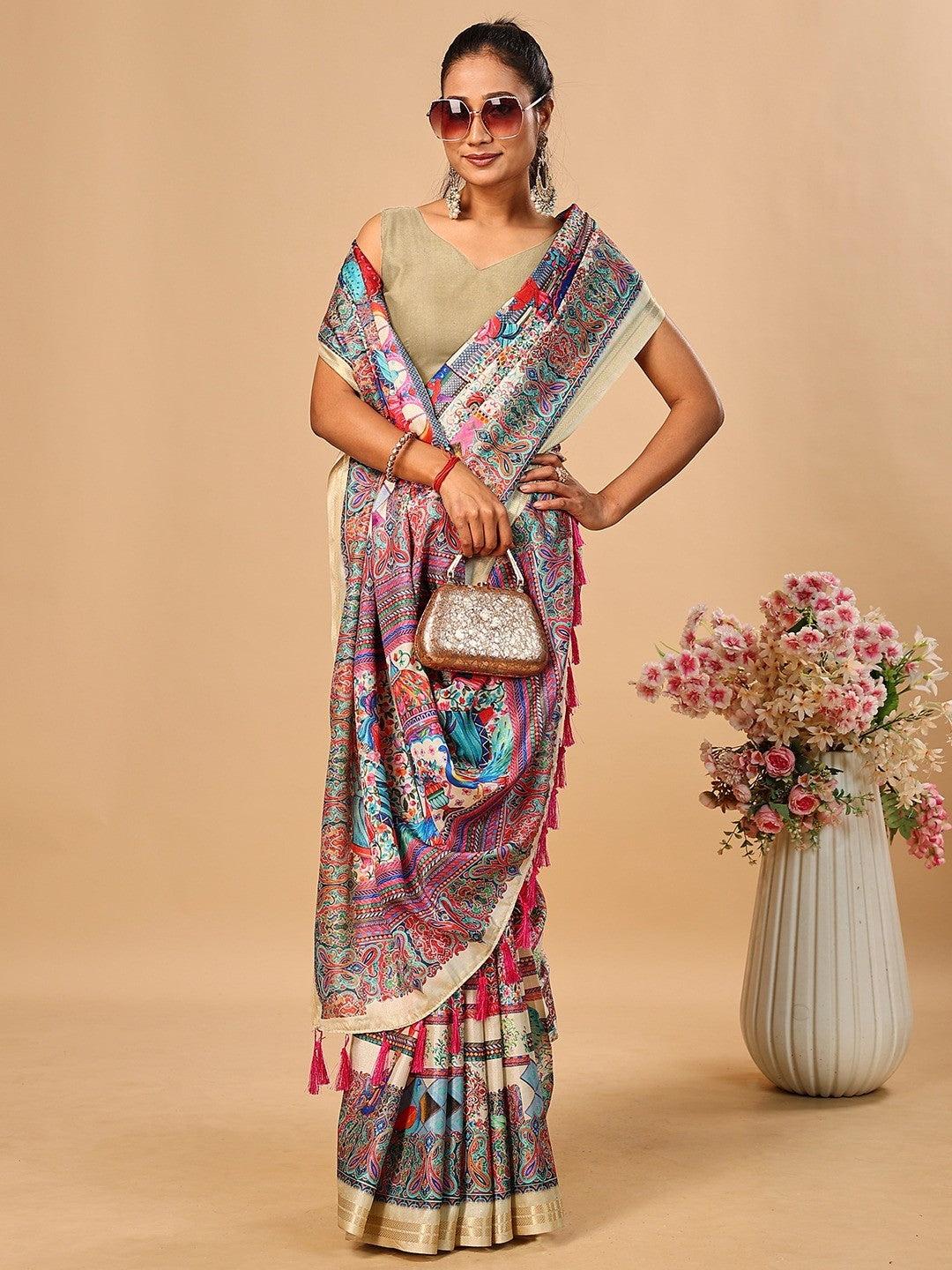 Elegant Cream Floral & Paisley Digital Printed Tussar Silk Saree with Tassels Pallu