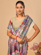 Elegant Cream Floral & Paisley Digital Printed Tussar Silk Saree with Tassels Pallu