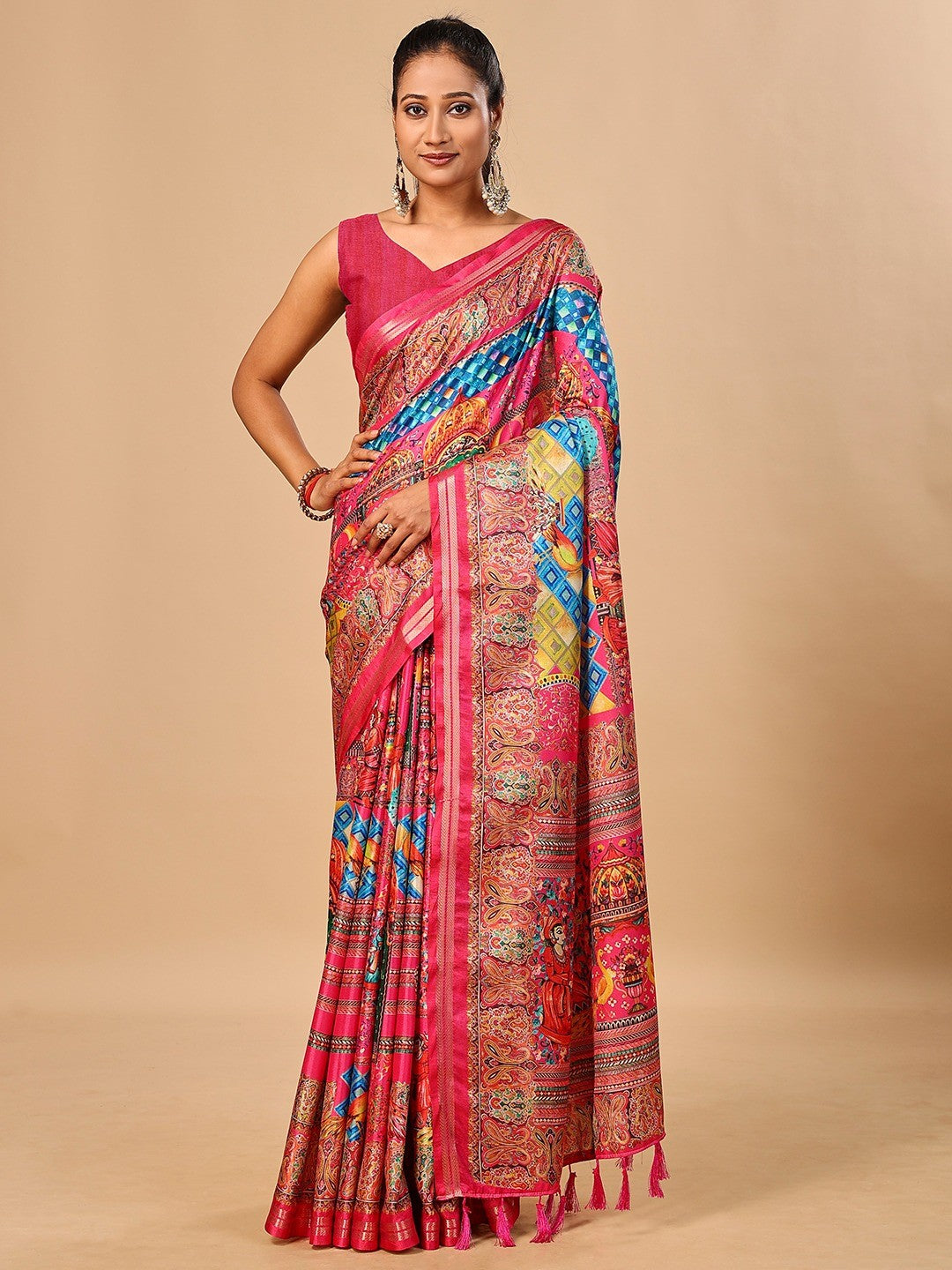 Elegant Pink Floral & Paisley Digital Printed Tussar Silk Saree with Tassels Pallu