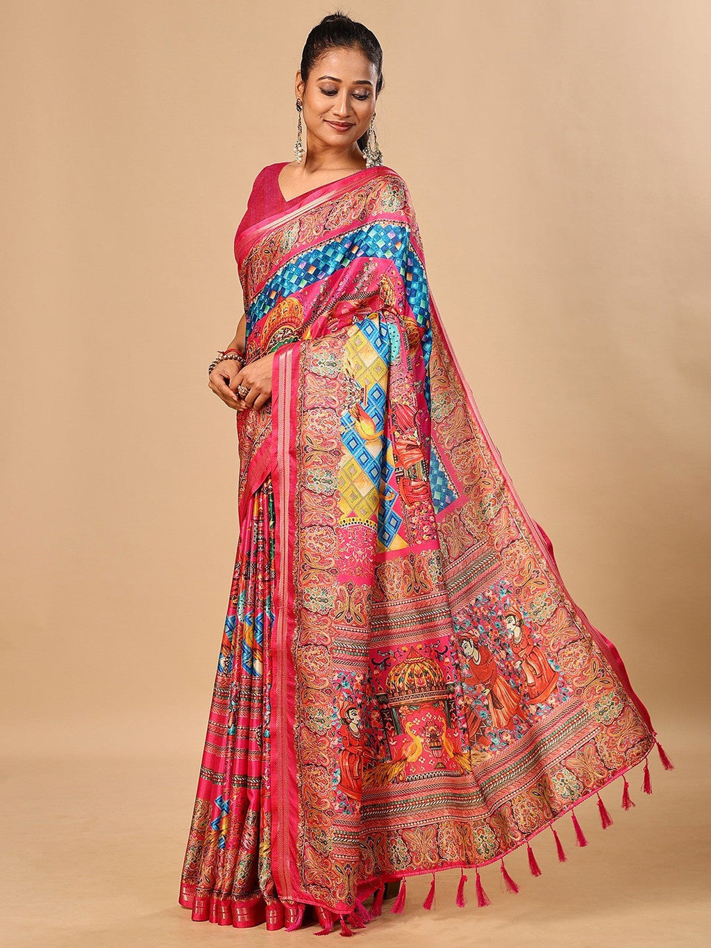 Elegant Pink Floral & Paisley Digital Printed Tussar Silk Saree with Tassels Pallu