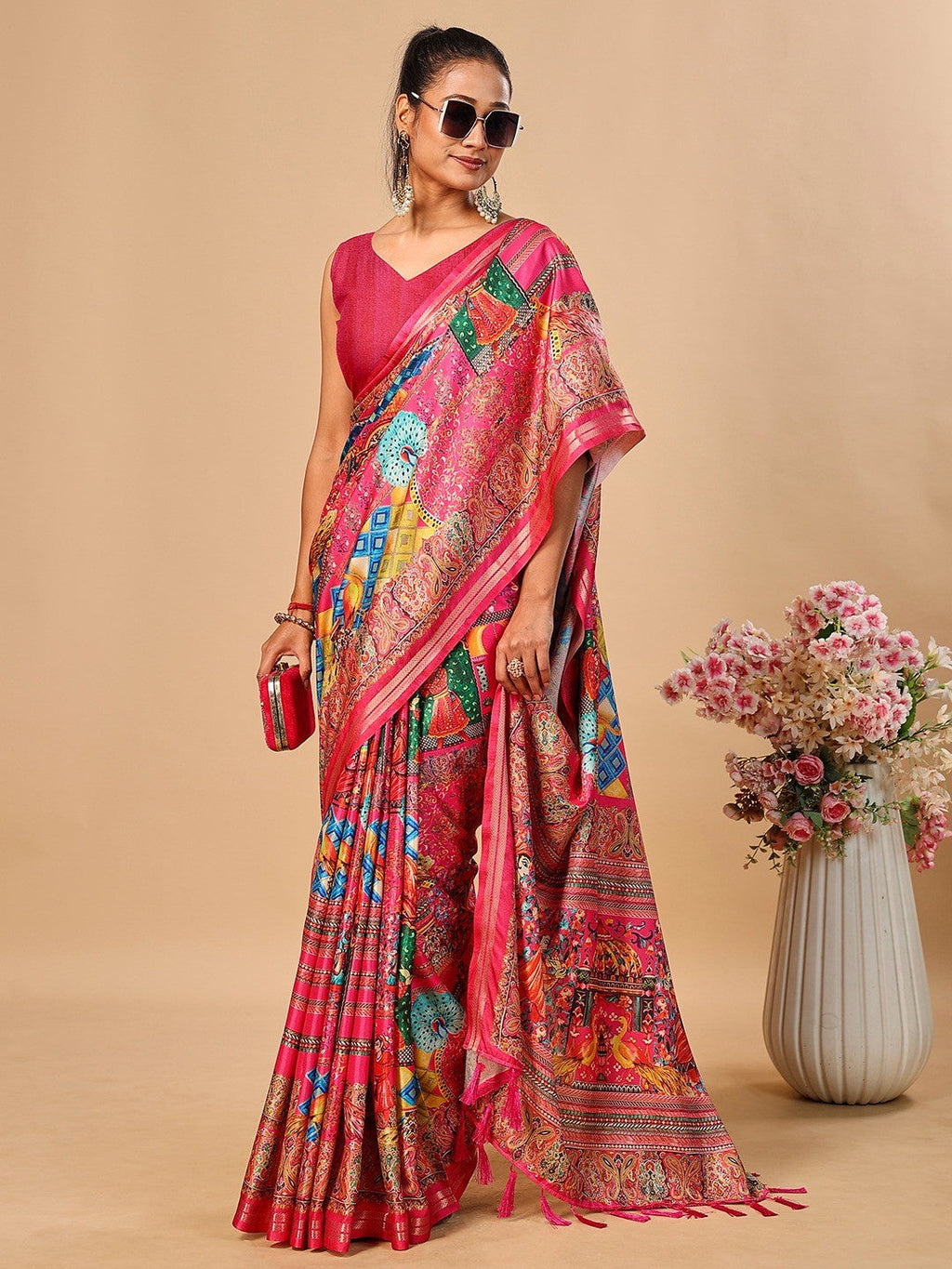 Elegant Pink Floral & Paisley Digital Printed Tussar Silk Saree with Tassels Pallu