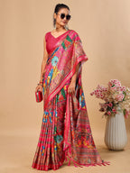 Elegant Pink Floral & Paisley Digital Printed Tussar Silk Saree with Tassels Pallu