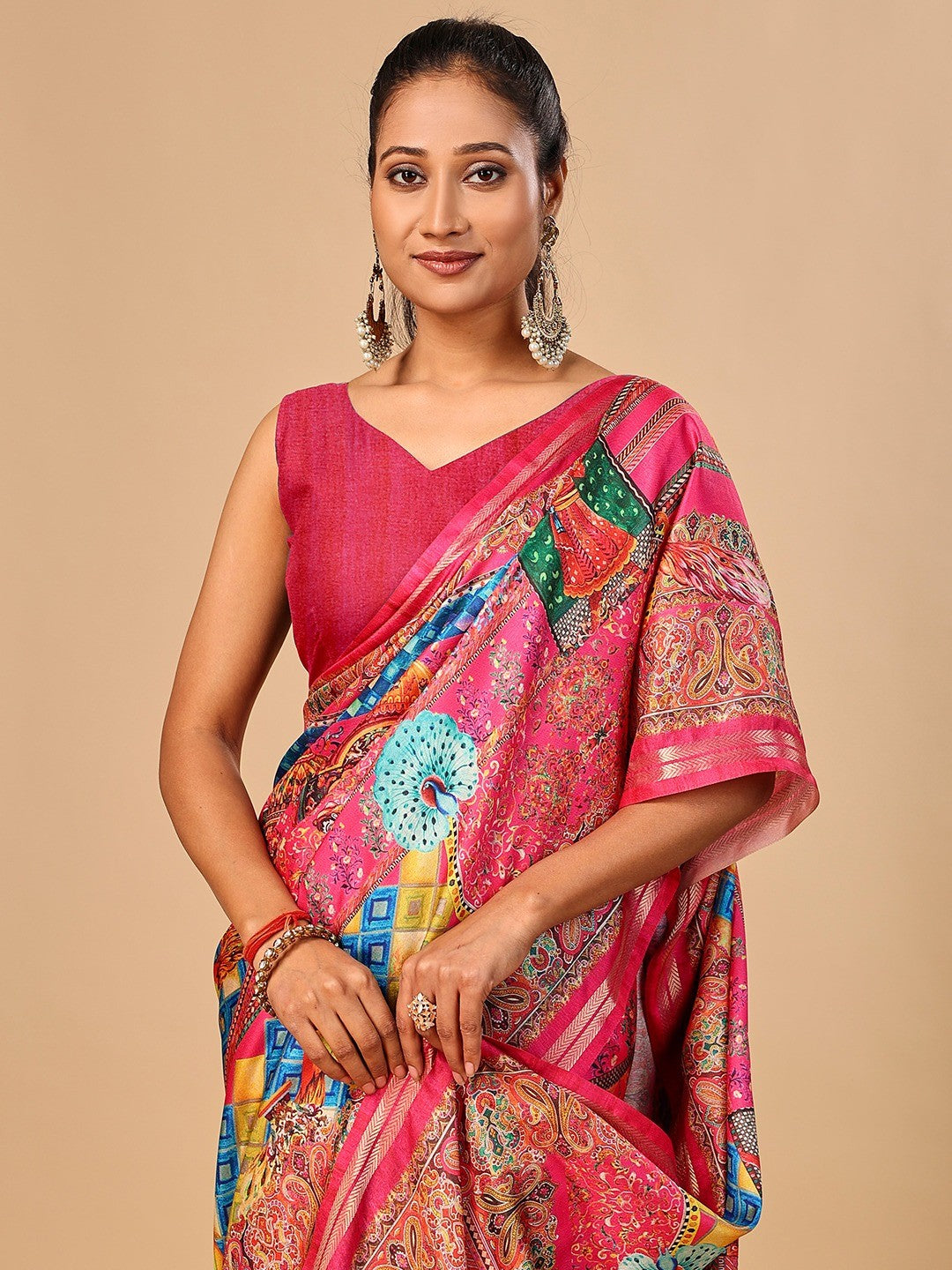 Elegant Pink Floral & Paisley Digital Printed Tussar Silk Saree with Tassels Pallu