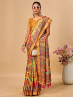 Elegant Yellow Floral & Paisley Digital Printed Tussar Silk Saree with Tassels Pallu