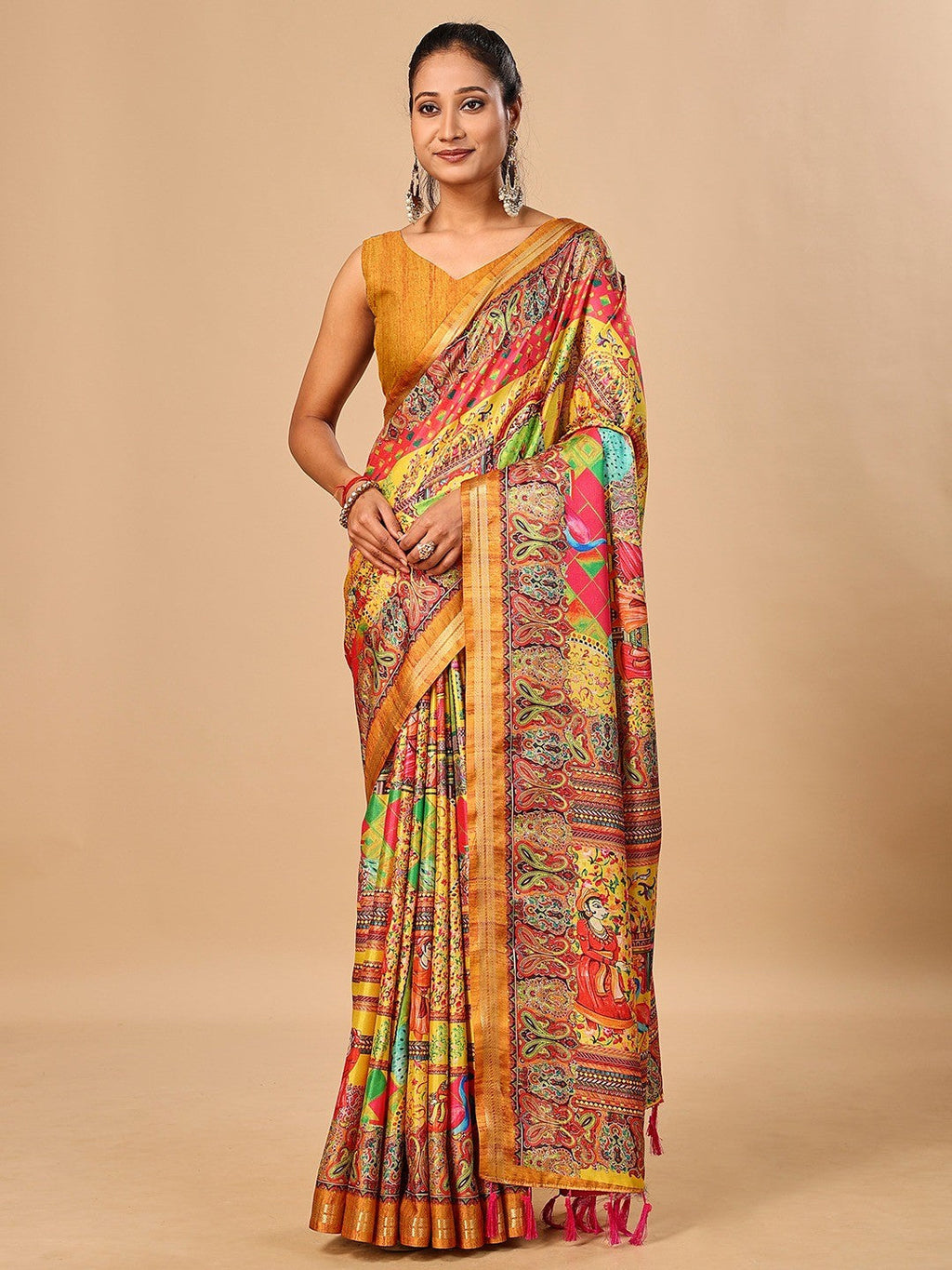 Elegant Yellow Floral & Paisley Digital Printed Tussar Silk Saree with Tassels Pallu