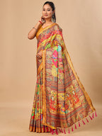 Elegant Yellow Floral & Paisley Digital Printed Tussar Silk Saree with Tassels Pallu