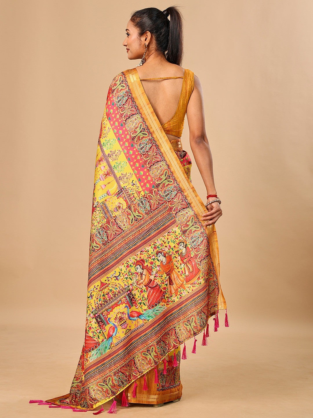 Elegant Yellow Floral & Paisley Digital Printed Tussar Silk Saree with Tassels Pallu