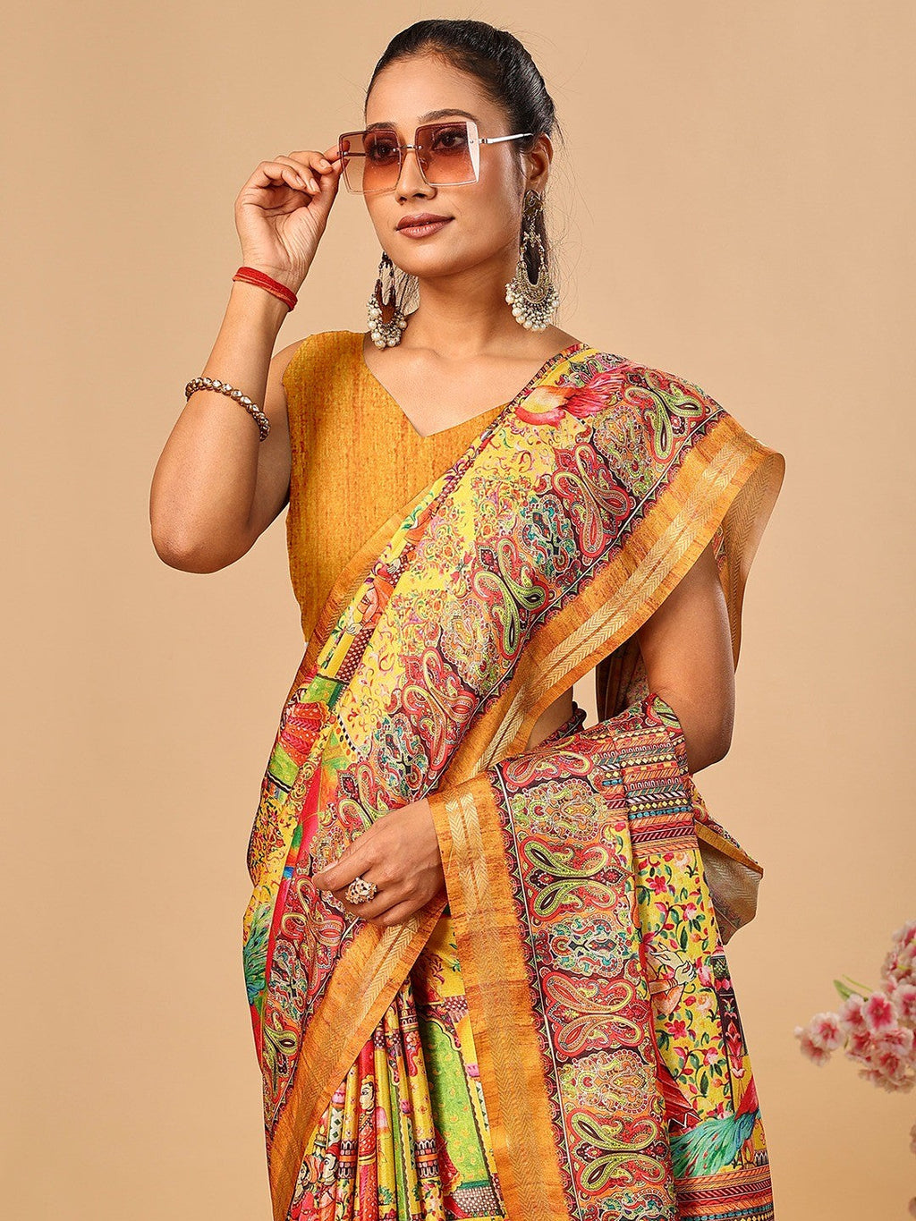 Elegant Yellow Floral & Paisley Digital Printed Tussar Silk Saree with Tassels Pallu