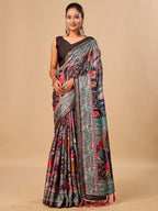 Premium Black Floral & Paisley Digital Printed Tussar Silk Saree With Zari Weaving Border
