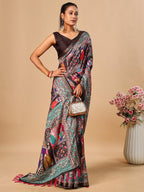 Premium Black Floral & Paisley Digital Printed Tussar Silk Saree With Zari Weaving Border