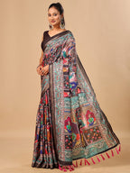 Premium Black Floral & Paisley Digital Printed Tussar Silk Saree With Zari Weaving Border