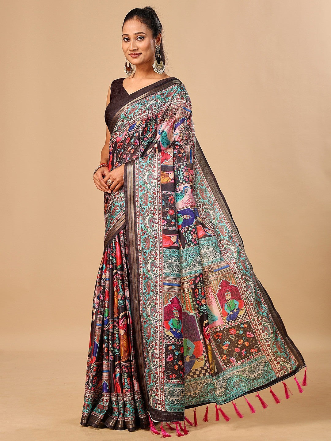 Premium Black Floral & Paisley Digital Printed Tussar Silk Saree With Zari Weaving Border