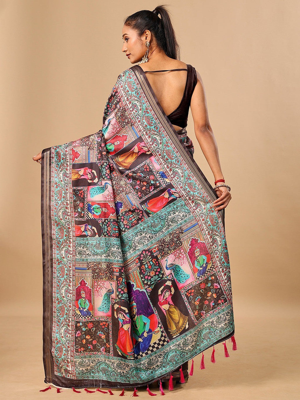 Premium Black Floral & Paisley Digital Printed Tussar Silk Saree With Zari Weaving Border