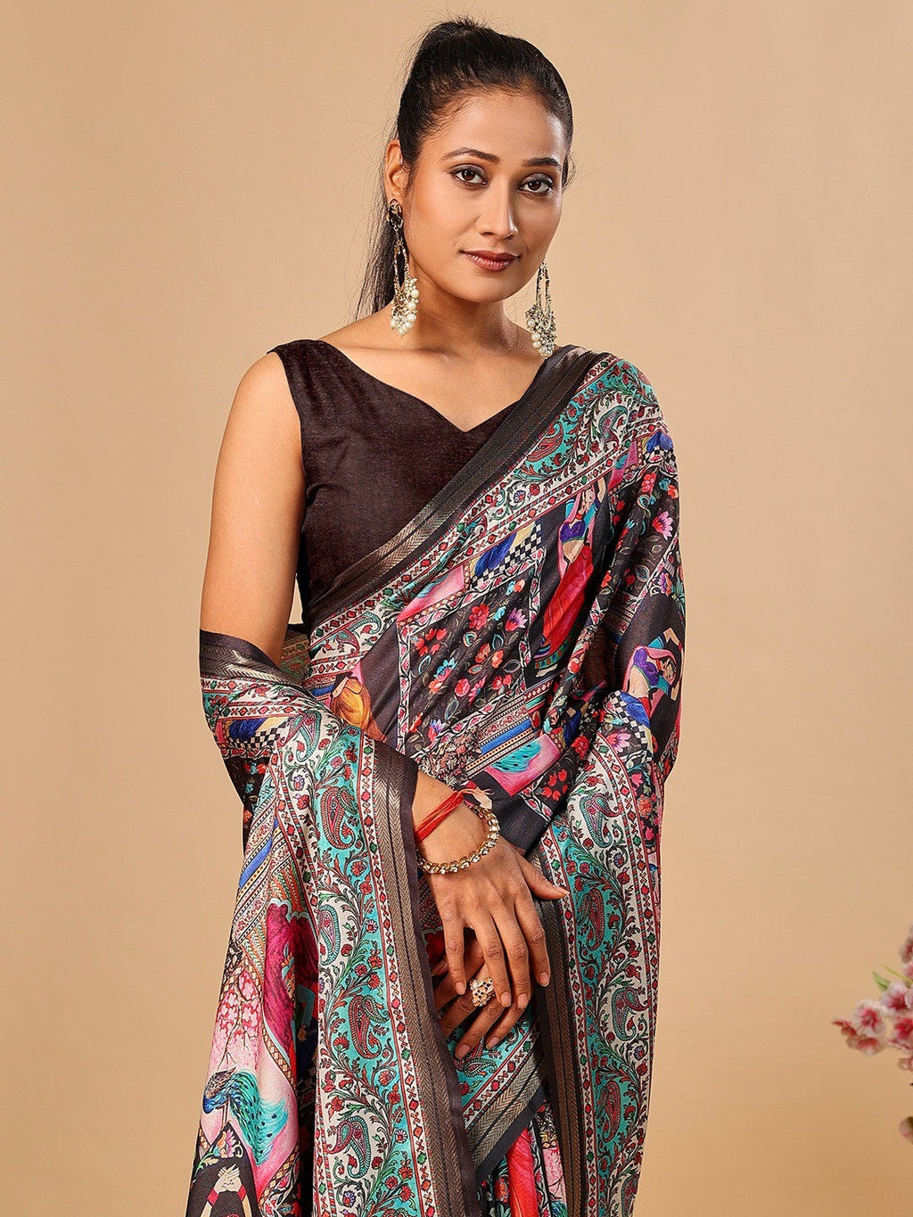 Premium Black Floral & Paisley Digital Printed Tussar Silk Saree With Zari Weaving Border