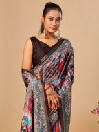 Premium Black Floral & Paisley Digital Printed Tussar Silk Saree With Zari Weaving Border