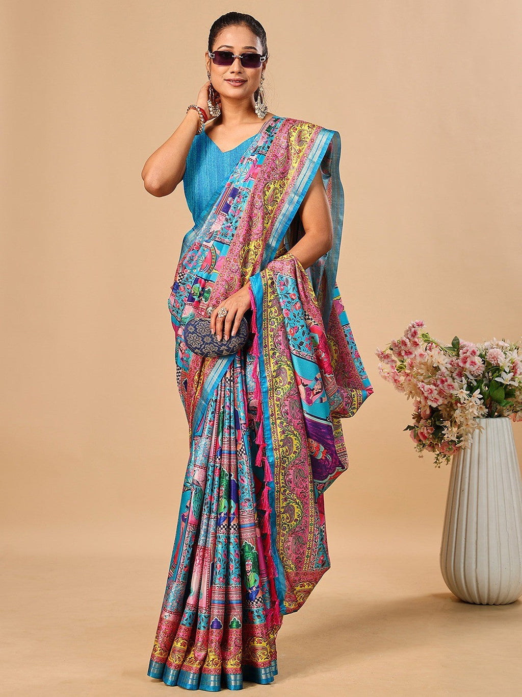 Premium Blue Floral & Paisley Digital Printed Tussar Silk Saree With Zari Weaving Border