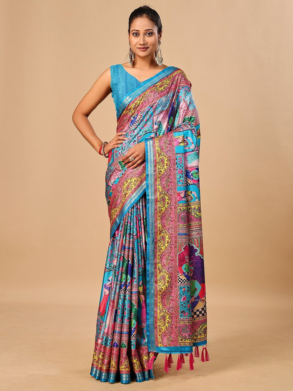 Premium Blue Floral & Paisley Digital Printed Tussar Silk Saree With Zari Weaving Border