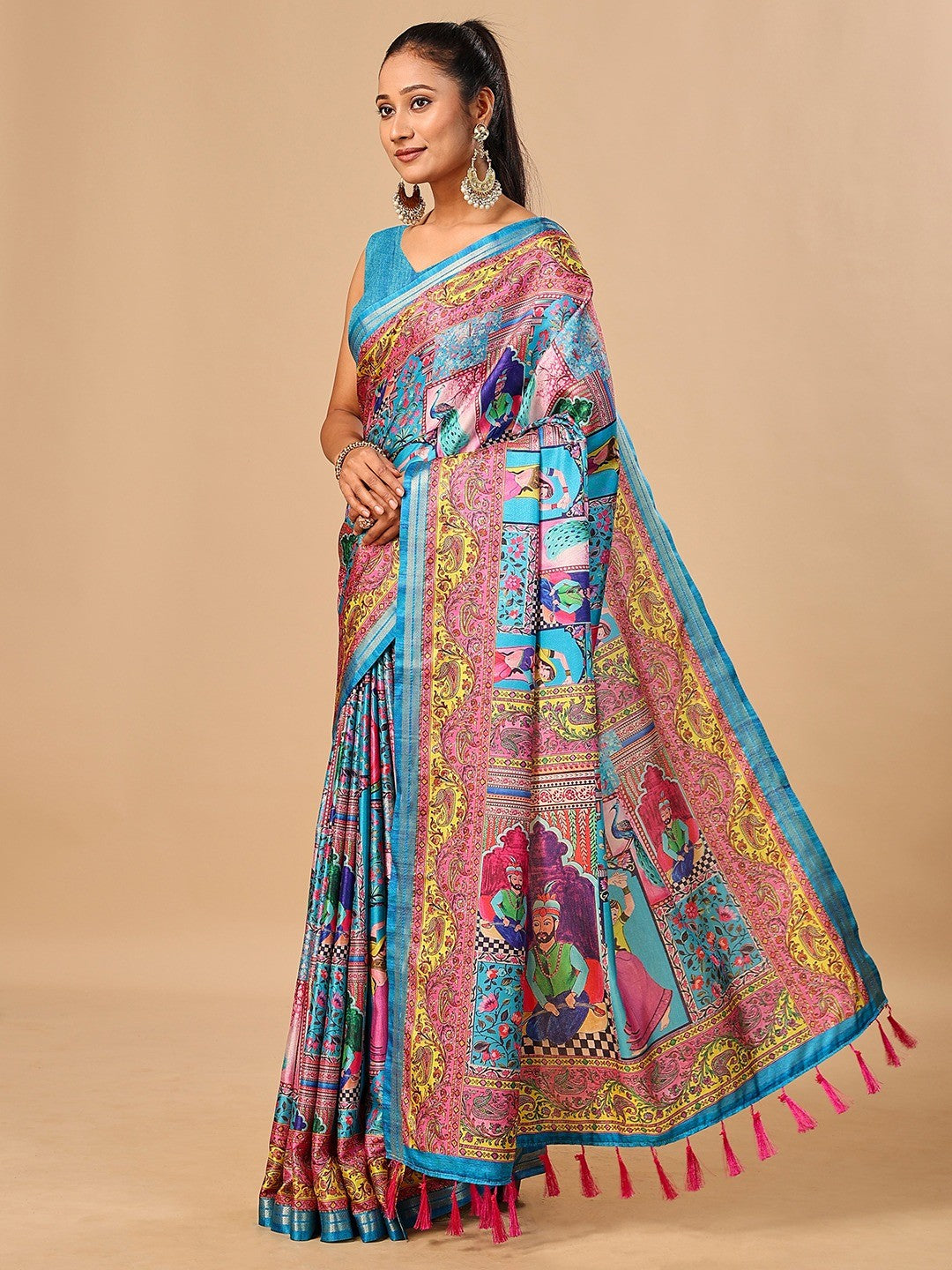 Premium Blue Floral & Paisley Digital Printed Tussar Silk Saree With Zari Weaving Border