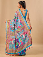 Premium Blue Floral & Paisley Digital Printed Tussar Silk Saree With Zari Weaving Border