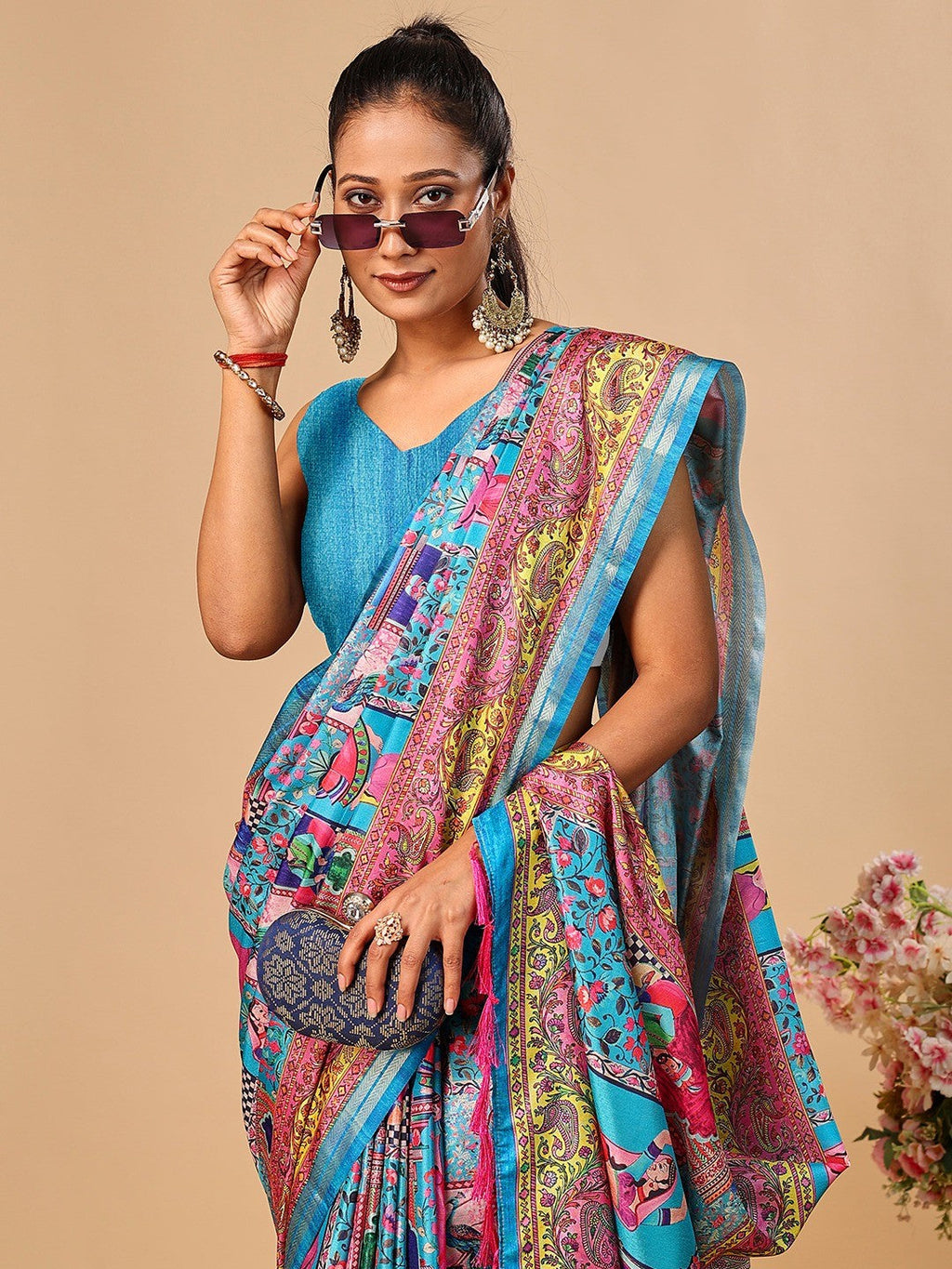 Premium Blue Floral & Paisley Digital Printed Tussar Silk Saree With Zari Weaving Border