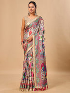 Premium Cream Floral & Paisley Digital Printed Tussar Silk Saree With Zari Weaving Border