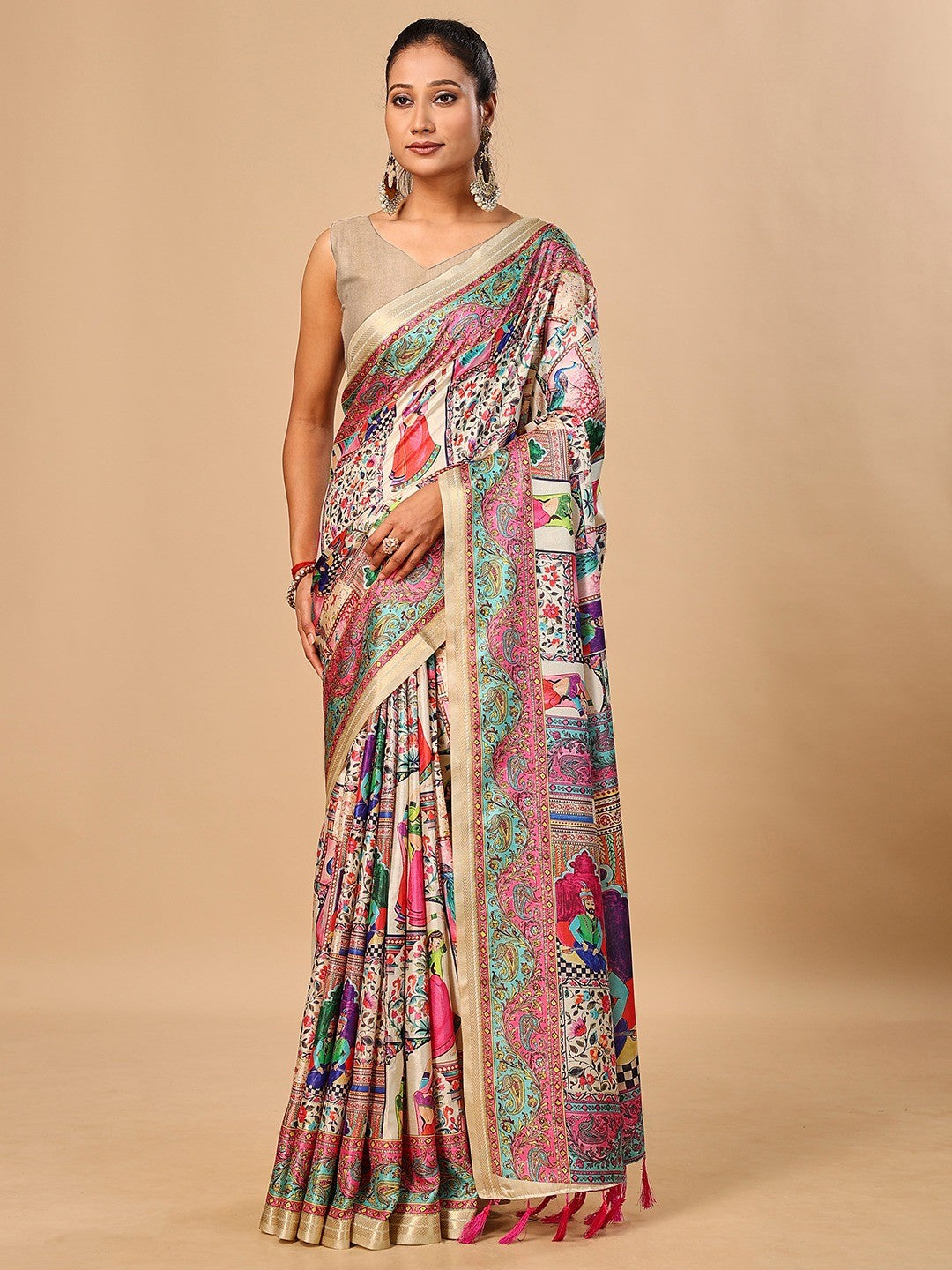 Premium Cream Floral & Paisley Digital Printed Tussar Silk Saree With Zari Weaving Border