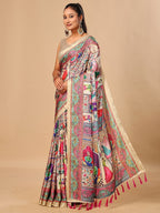 Premium Cream Floral & Paisley Digital Printed Tussar Silk Saree With Zari Weaving Border