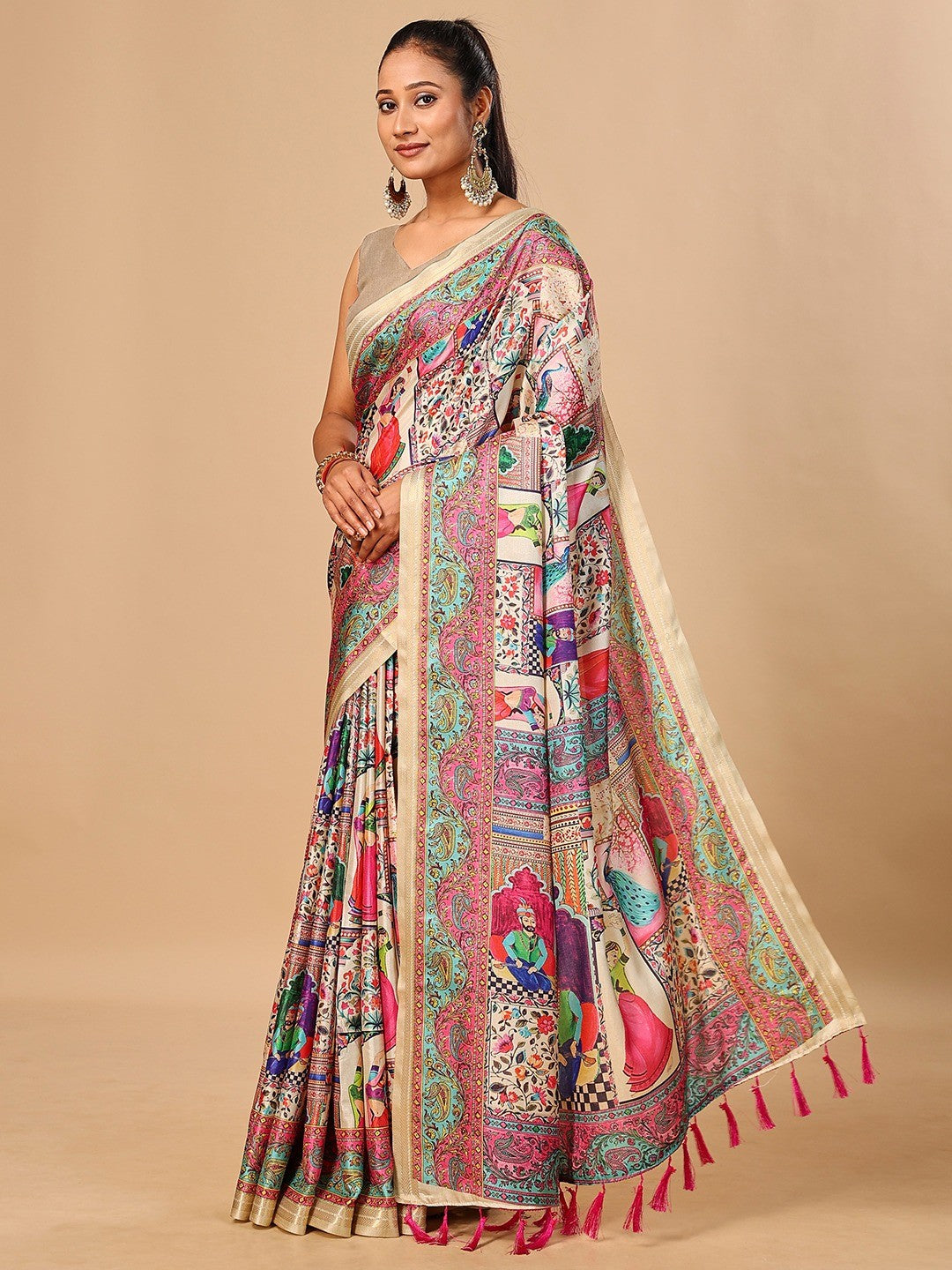 Premium Cream Floral & Paisley Digital Printed Tussar Silk Saree With Zari Weaving Border
