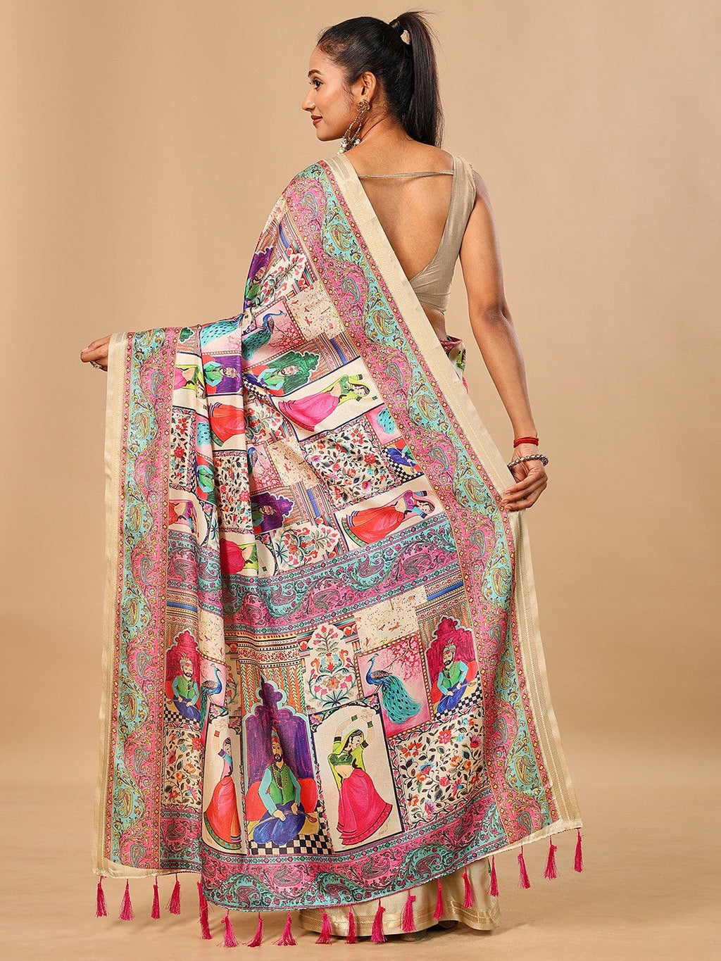 Premium Cream Floral & Paisley Digital Printed Tussar Silk Saree With Zari Weaving Border