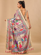 Premium Cream Floral & Paisley Digital Printed Tussar Silk Saree With Zari Weaving Border