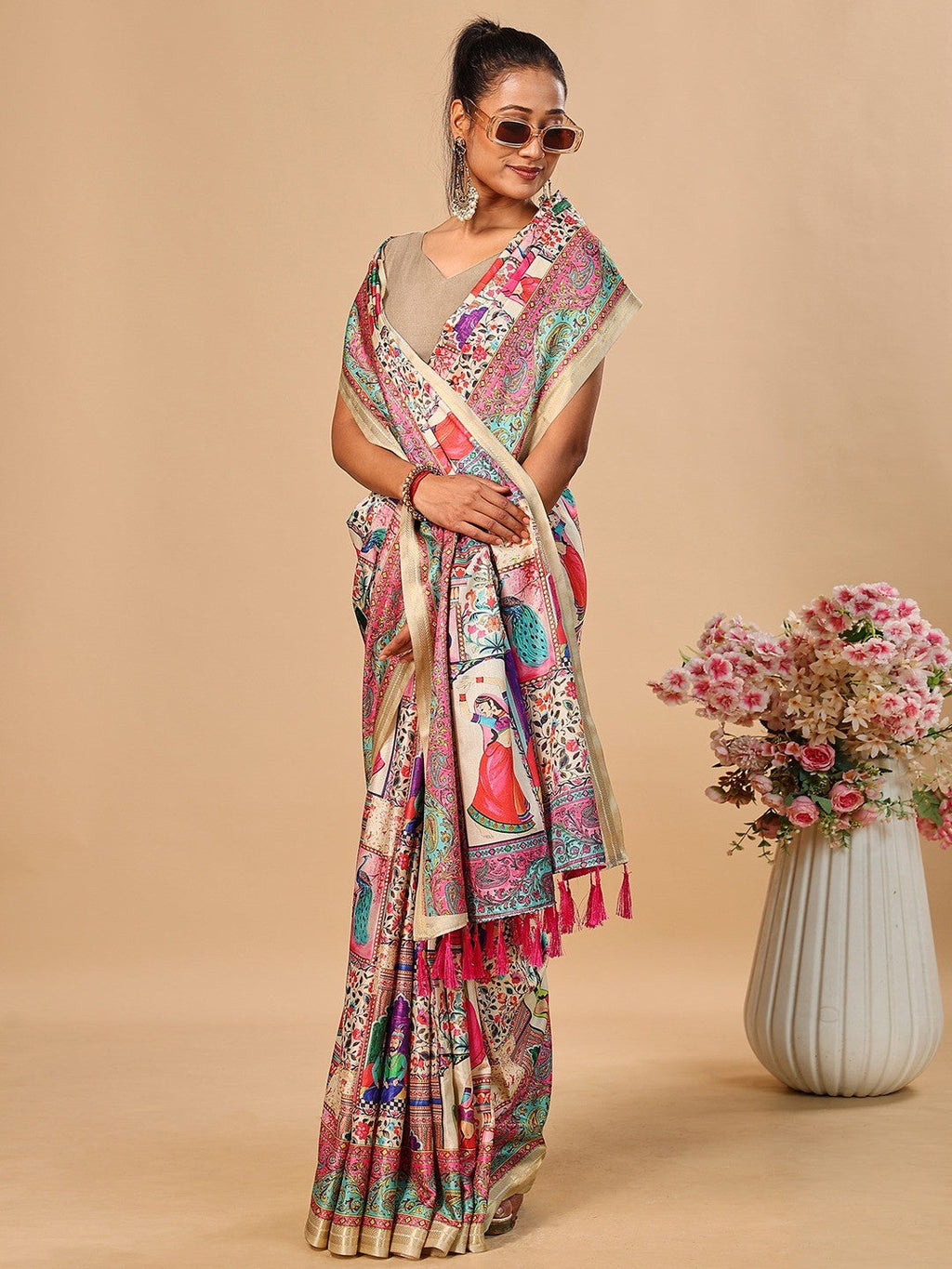 Premium Cream Floral & Paisley Digital Printed Tussar Silk Saree With Zari Weaving Border