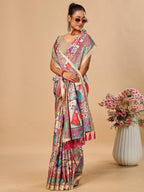 Premium Cream Floral & Paisley Digital Printed Tussar Silk Saree With Zari Weaving Border