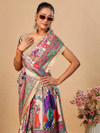 Premium Cream Floral & Paisley Digital Printed Tussar Silk Saree With Zari Weaving Border