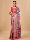 Premium Pink Floral & Paisley Digital Printed Tussar Silk Saree With Zari Weaving Border