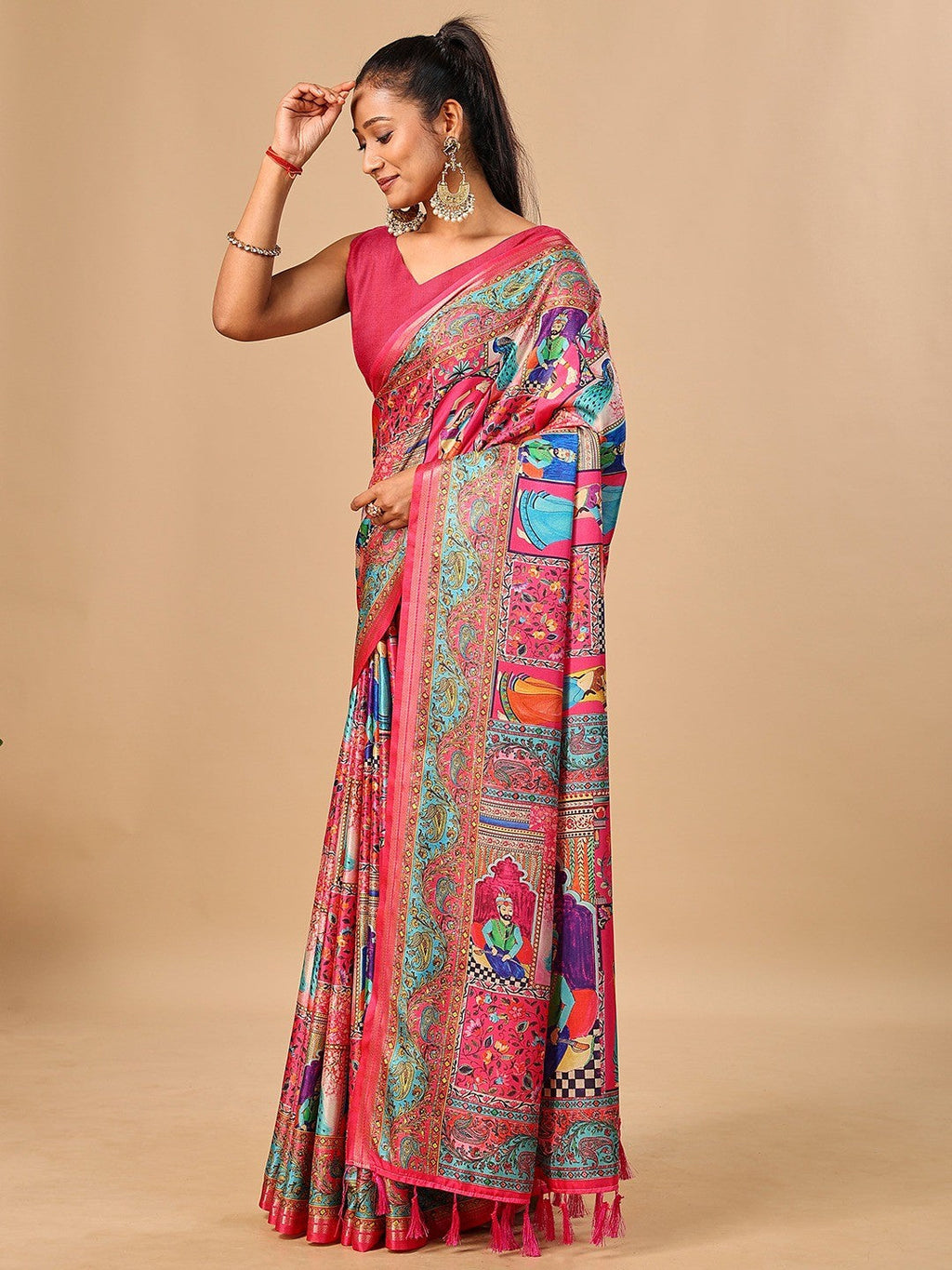 Premium Pink Floral & Paisley Digital Printed Tussar Silk Saree With Zari Weaving Border